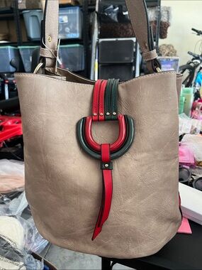 Taupe Tote Bag with Red & Green Accents - Women Bags